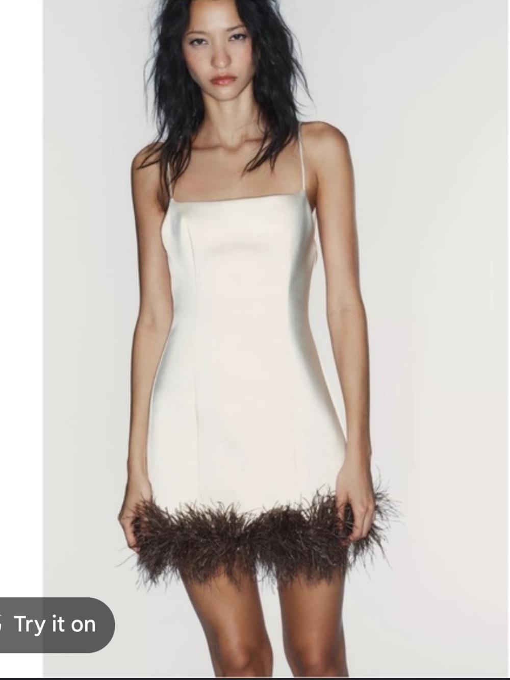 Zara Viral Feather Trim Mini Dress Ivory Brown Size S NWT - Picture 2 of 9